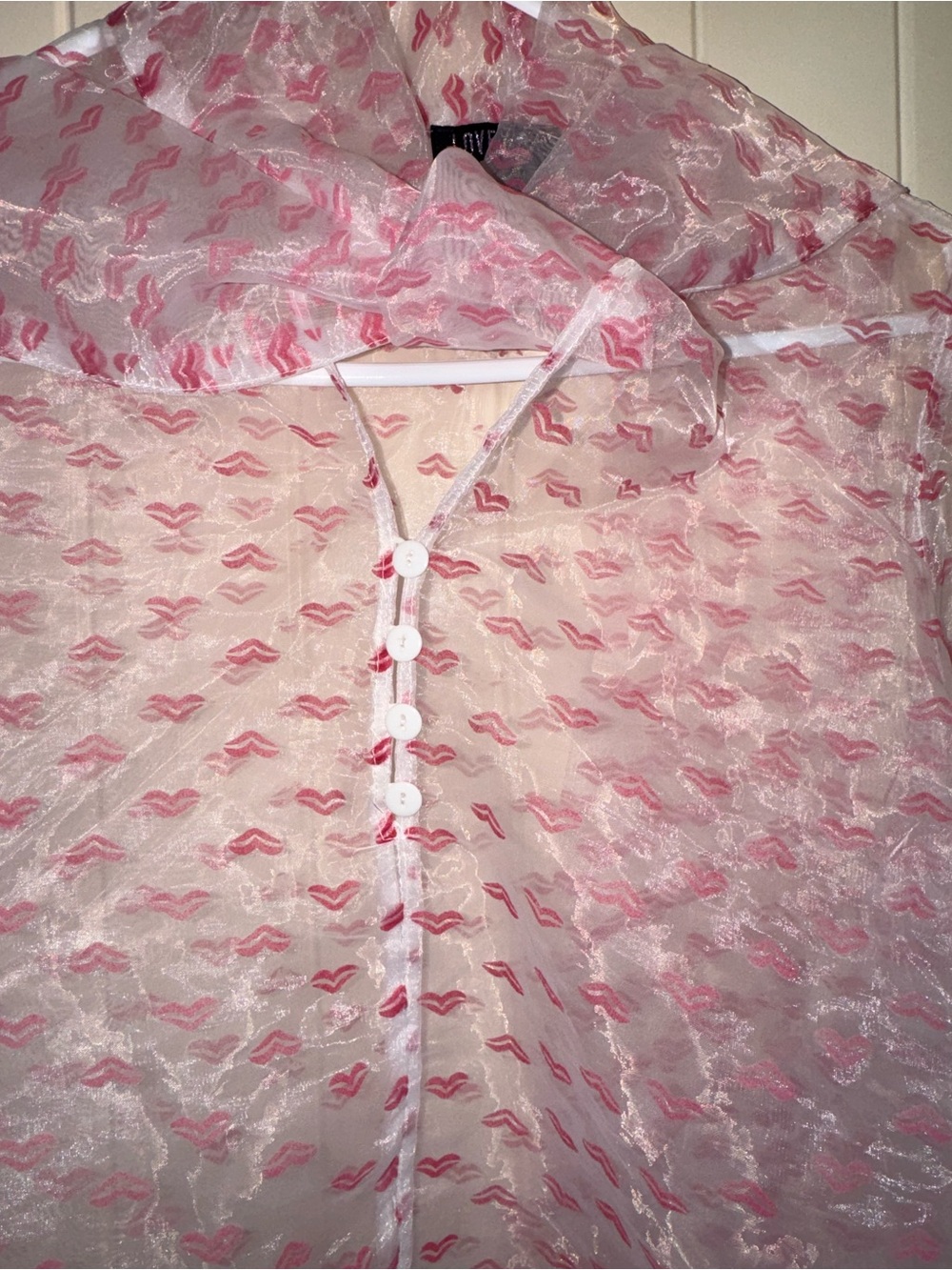 Love By Design Sheer White Button-Up Top with Pink Lip Print